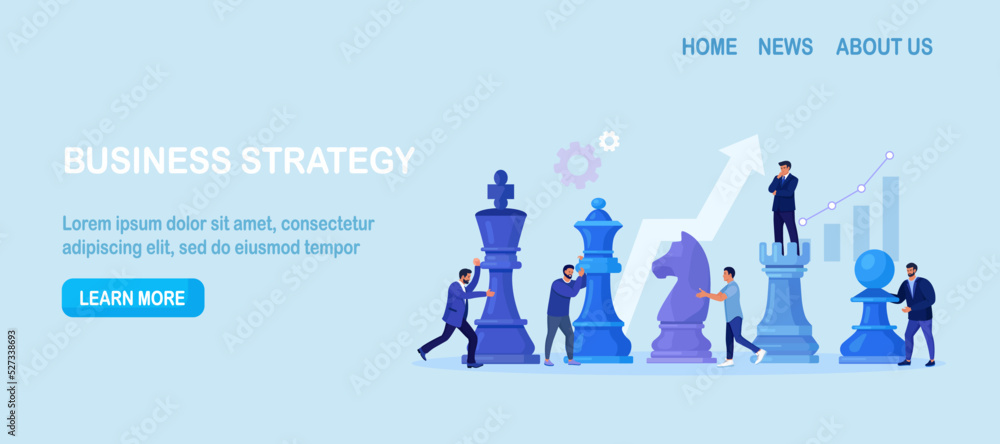 Businessmen playing giant chess and try to find strategic position for business goal. People planning, thinking, discussing strategy, tactics. Successful teamwork, negotiation. Competition, leadership