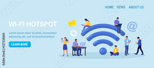 People working with portable devices near big wifi sign in free internet zone. Public free wi-fi hotspot, wireless connection. Characters surfing internet. Technology globalization and reachability