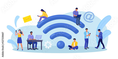People working with portable devices near big wifi sign in free internet zone. Public free wi-fi hotspot, wireless connection. Characters surfing internet. Technology globalization and reachability