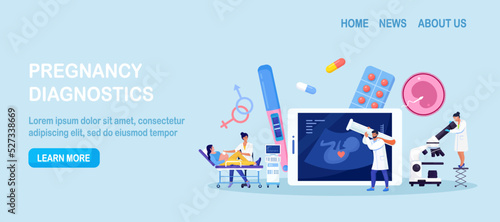 Ultrasound pregnancy screening. Embryo baby health diagnostic. Doctor making scan pregnant woman with ultrasound machine in hospital. Gynecologist doing belly ultrasonography exam. Baby health check