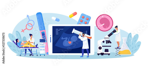 Ultrasound pregnancy screening. Embryo baby health diagnostic. Doctor making scan pregnant woman with ultrasound machine in hospital. Gynecologist doing belly ultrasonography exam. Baby health check