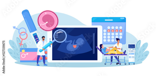 Ultrasound pregnancy screening. Embryo baby health diagnostic. Ultrasonography. Gynecologist doing belly sonography, making scan pregnant with ultrasound machine. Medical consultation by pregnancy