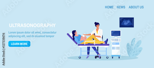 Ultrasound pregnancy screening. Embryo baby health diagnostic. Gynecologist making scan pregnant woman with ultrasound machine in hospital office. Gynecology abdomen examination, abdominal sonogram