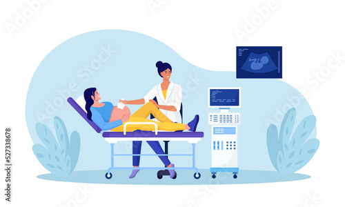 Ultrasound pregnancy screening. Embryo baby health diagnostic. Gynecologist making scan pregnant woman with ultrasound machine in hospital office. Gynecology abdomen examination, abdominal sonogram