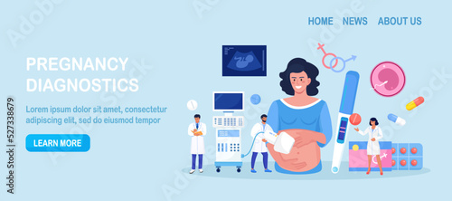 Ultrasound pregnancy screening. Embryo baby health diagnostic. Ultrasonography. Doctor making scan pregnant woman with ultrasound machine in hospital.Gynecologist doing belly sonography. Medical test