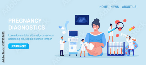 Ultrasound pregnancy screening. Embryo baby health diagnostic. Ultrasonography. Doctor making scan pregnant woman with ultrasound machine in hospital.Gynecologist doing belly sonography. Medical test
