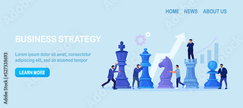 Businessmen playing giant chess and try to find strategic position for business goal. People planning, thinking, discussing strategy, tactics. Successful teamwork, negotiation. Competition, leadership