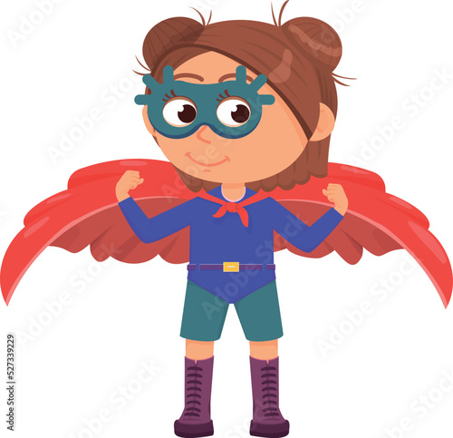 Girl in party red cape and hero mask. Super kid character
