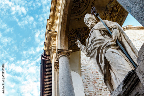 Statue of Saint Ubaldo XVIII in historic centre of Gubbio, Umbria, Italy, Europe