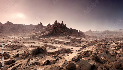 Martian panorama from Curiosity. Traces from ancient rivers on Mars. Empty planet landscape. Unreal world. 3D illustration.