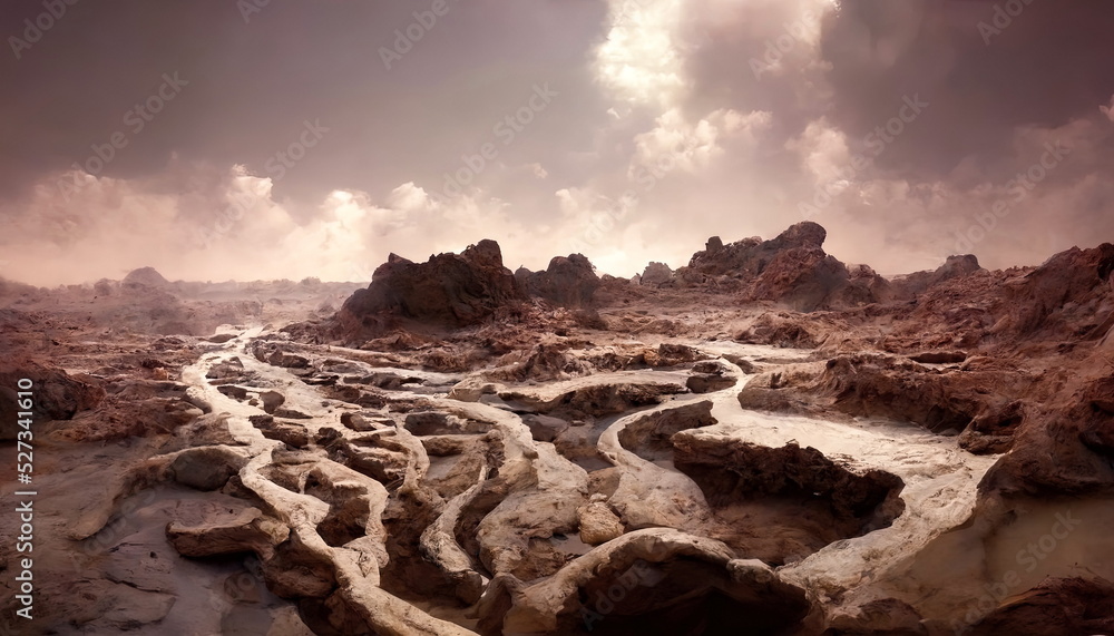 Martian panorama from Curiosity. Traces from ancient rivers on Mars. Empty planet landscape. Unreal world. 3D illustration.