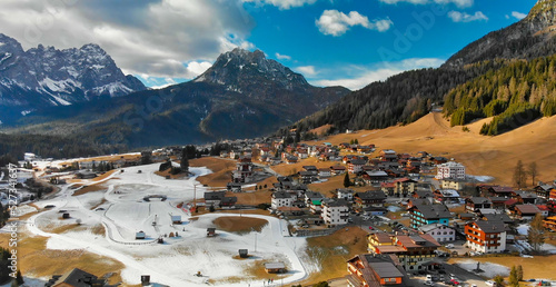 Sappada ski trail aerial view in winter season, Italian Alps photo