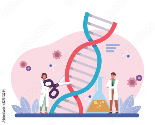 Genetic scissors concept illustration. CRISPR Cas9. Scientists conducting genetic scissors tool on DNA sprial. Background vector art for website.