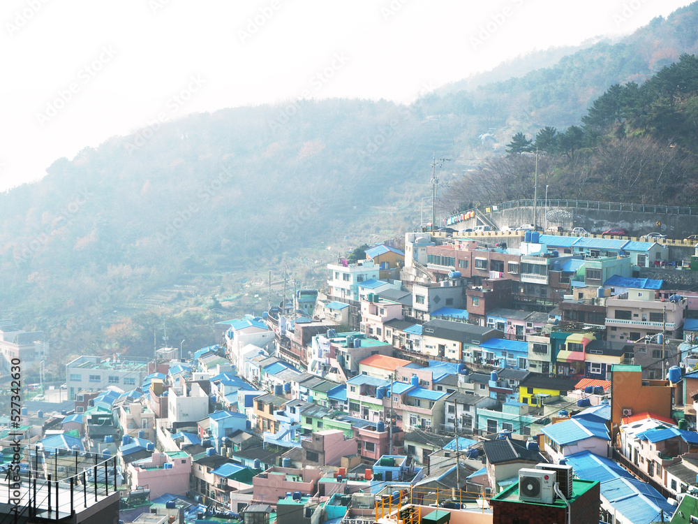 Colourful and crowded houses on hill in Gamcheon Cultural Village, Busan, South Korea