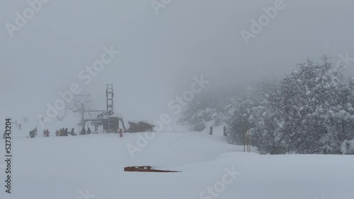 Silhouette of People at the Ski Station of Cerro Chapelco, San Martin de los Andes, Patagonia, Neuquen Province, Argentina. 4K Resolution. photo