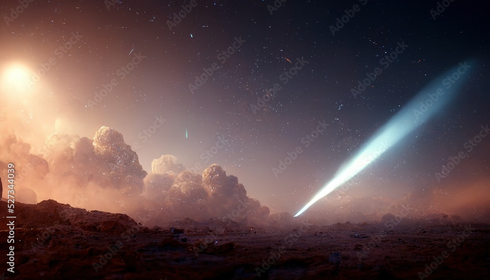 Ballistic missile launched into space. Fantastic space abstraction. Comet in space. 3D illustration.