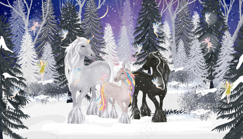 Fantasy cute cartoon Unicorn family and little fairies flying in magic forest at Christmas night  Vector illustration landscape of Winter wonderland. Fairytale background for bed time story concept