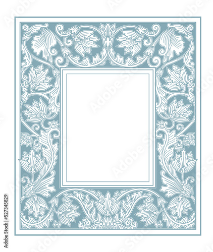 Vector blue vintage vertical floral frame, old European manuscript book page decoration, antique engraved design element empty frame in art nouveau style
