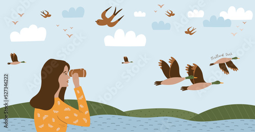 Birdwatching poster, birding. Ornithology horizontal banner template. Girl looks through binoculars, ornithologist watches flying ducks. Eco tourism, birds observation. Cartoon vector illustration