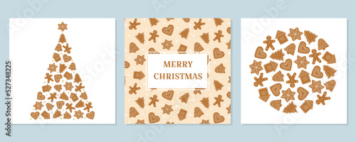 Set of Christmas greeting cards with gingerbread cookies. Winter homemade sweets pattern