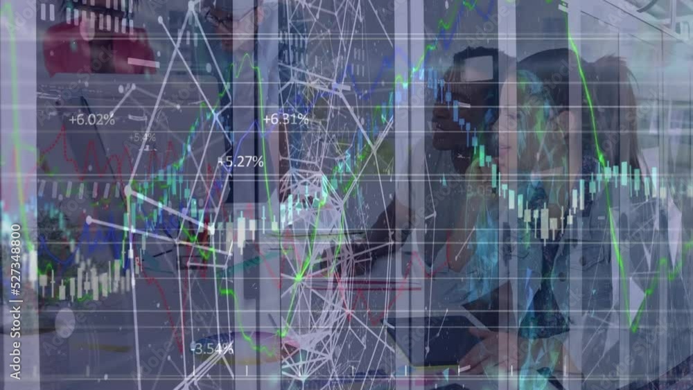 Animation of financial data processing over business people working in office Animation of financial data processing over business people working in office