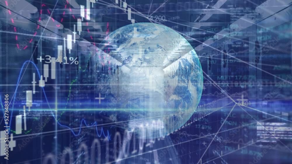 Animation of data processing and globe over blue background Animation of data processing and globe over blue background