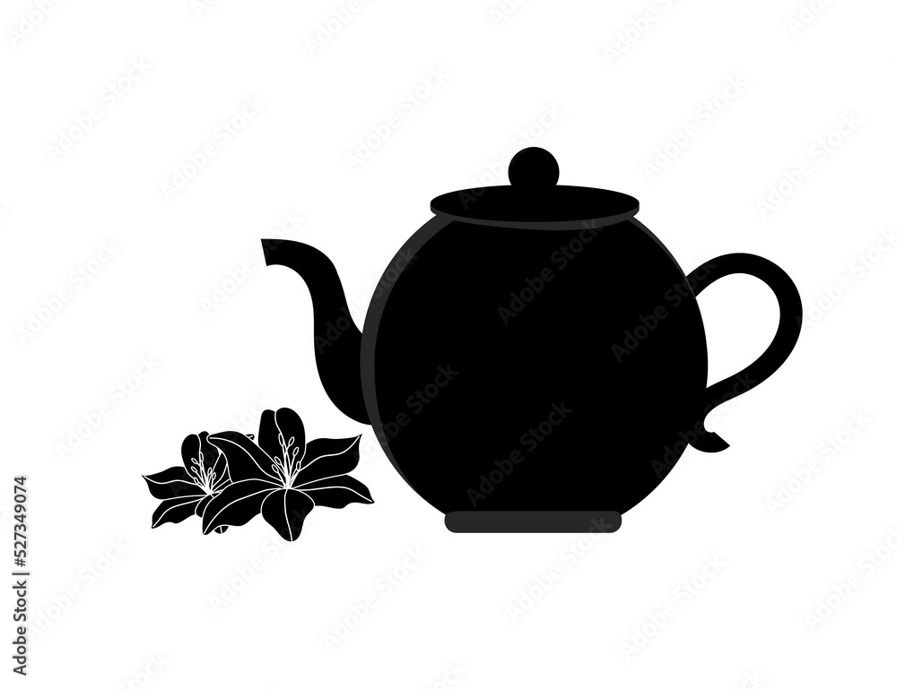Flat black vector icon - teapot and flowers (jasmine).
Flat black vector icon - teapot and flowers (jasmine).