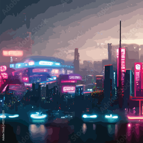 neon mega city.business district center Cyber punk theme. vector illustration