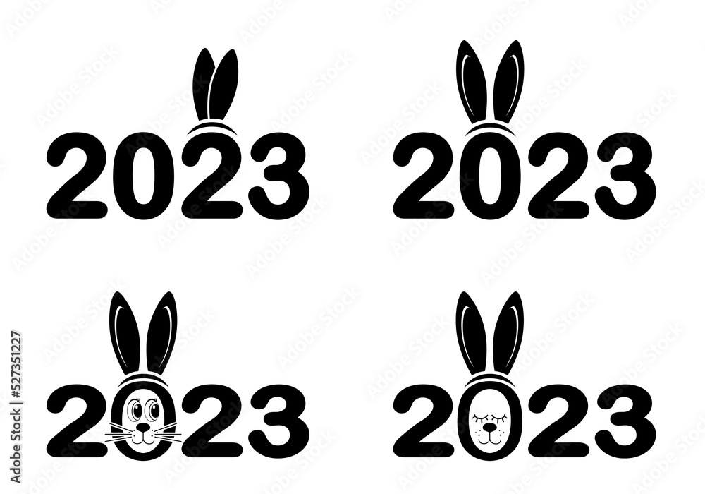 Obraz premium Rabbit sign 2023. New Year symbol. Year of the rabbit. Set of 2023 New Year ornaments. Number 2023 with rabbit ears. Designer for invitations and holiday cards. Vector illustration.