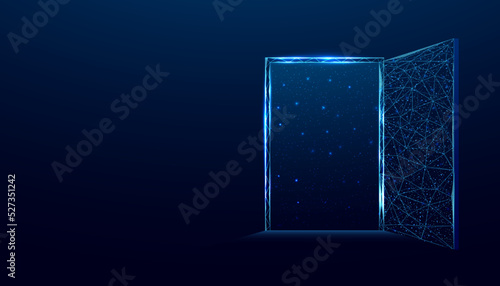 Open door to space, universe. Banner with glowing low poly door on dark blue background. Wireframe low poly design. Abstract futuristic vector illustration.