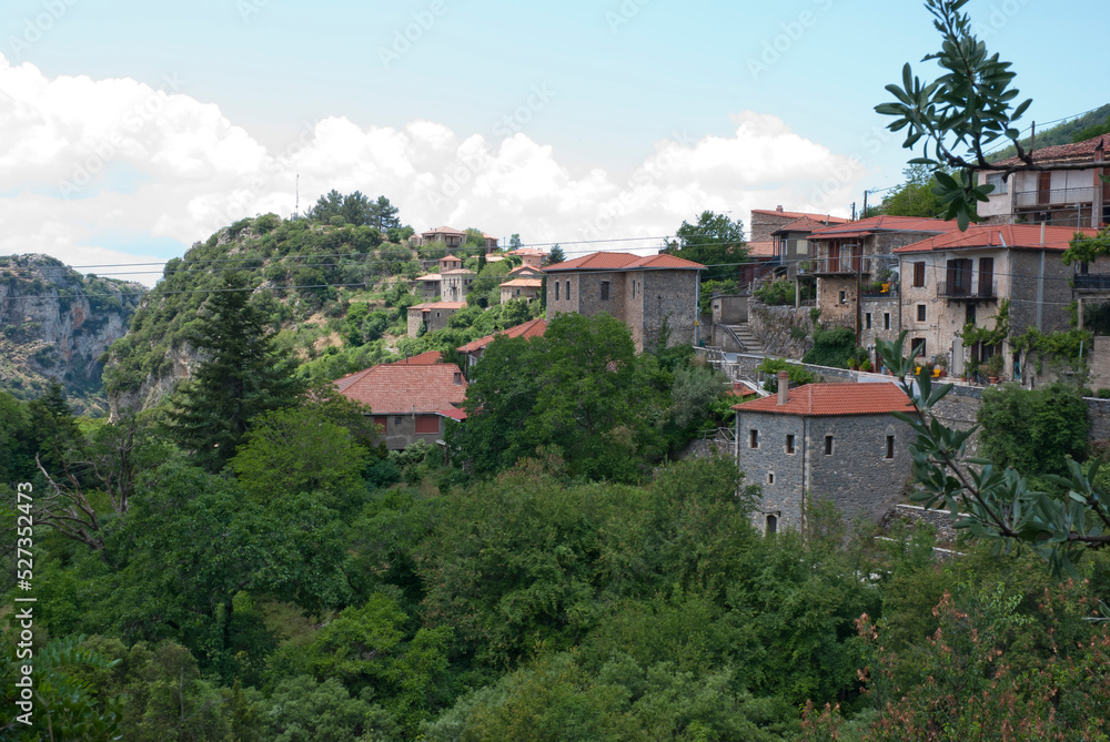 Stemnitsa, Greece / July 2022: Historic traditional village at the slopes of Mainalon mountain in the Peloponnese.