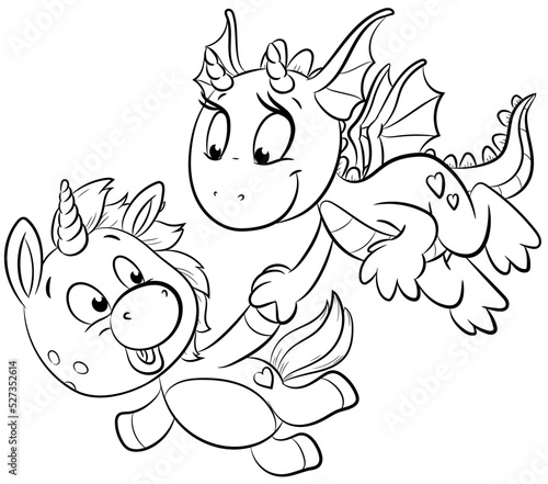 Niedliches Einhorn mit Drachen - Vektor Illustration