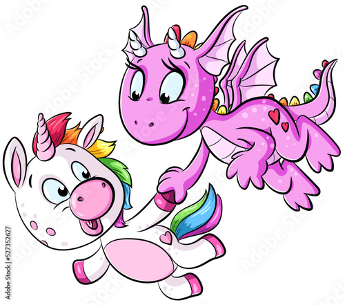 Niedliches Einhorn mit Drachen - Vektor Illustration