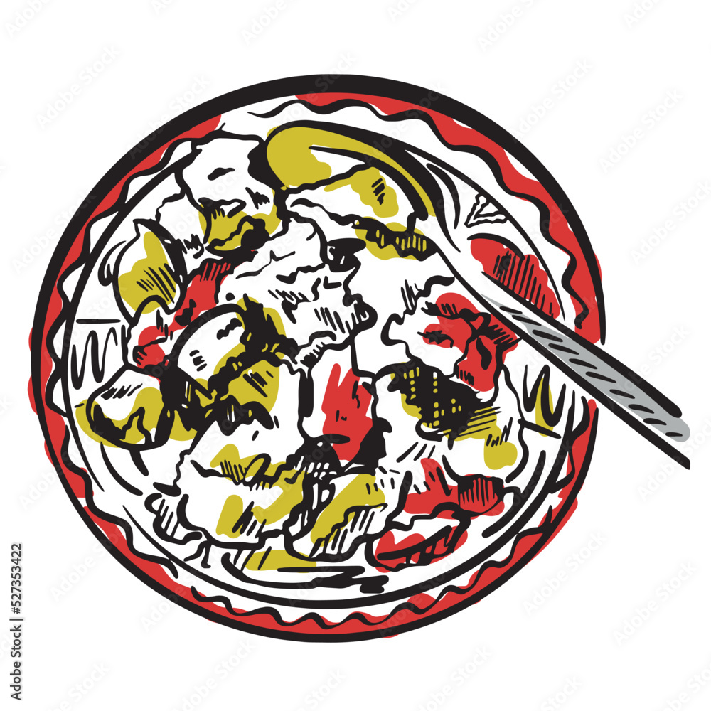 Vector drawing of the Moldovan national traditional dish tokan. Sketch for the menu. Folklore plate with a spoon Vector drawing of the Moldovan national traditional dish tokan. Sketch for the menu. Folklore plate with a spoon