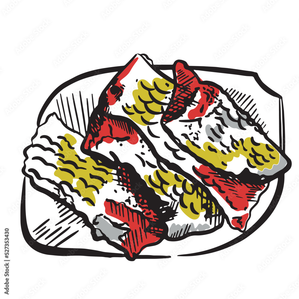 Fototapeta premium Vector drawing of pieces of fried fish on a plate. View from above. River fish sketch