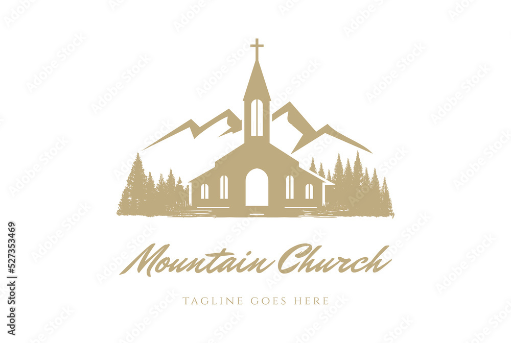 Vintage Mountain Pine Evergreen Spruce Larch Cypress Fir Trees Forest with Christian Church Chapel Logo Design