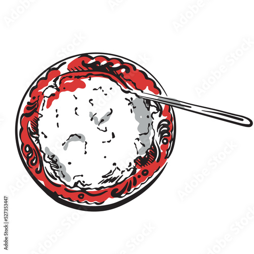 Vector drawing of cottage cheese in a plate with a spoon. View from above. Moldovan traditional dish