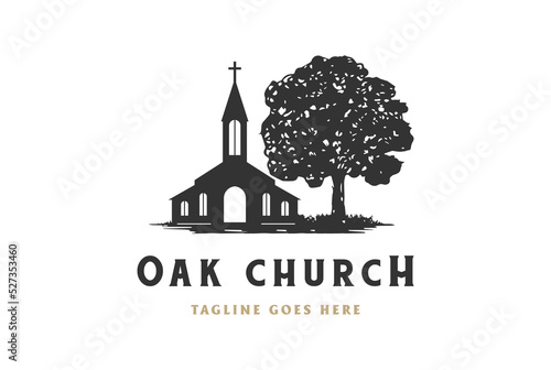 Rustic Retro Vintage Oak Banyan Maple Tree with Christian Church Chapel Logo Design Vector