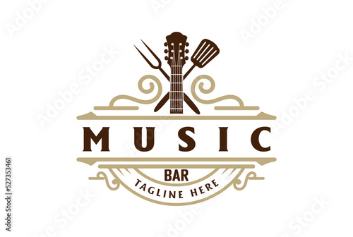 Retro Vintage Guitar with Crossed Fork and Spatula for Bar Cafe Music Badge Emblem Logo Design