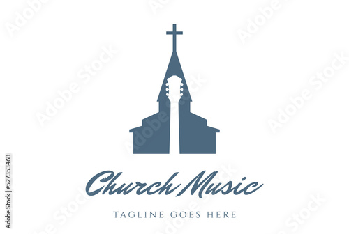 Church Chapel Silhouette with Guitar for Religion Music Song Logo Design