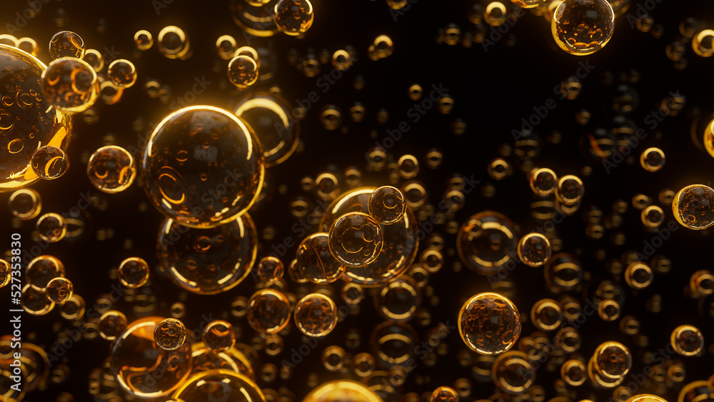 Underwater bubbles. Abstract orange golden bubble background. Distribution of bubbles. Nice 3d spheres with reflection. Macro shot of various air bubbles in water. 3D rendering