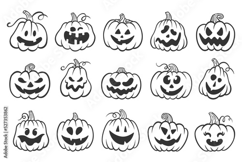 Halloween pumpkin faces. Cartoon autumn characters. Scary and funny vegetable monsters