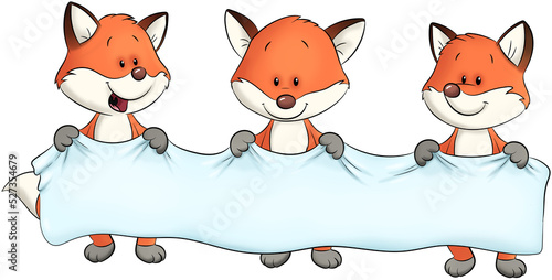 Drei niedliche Füchse mit einem Stoffbanner