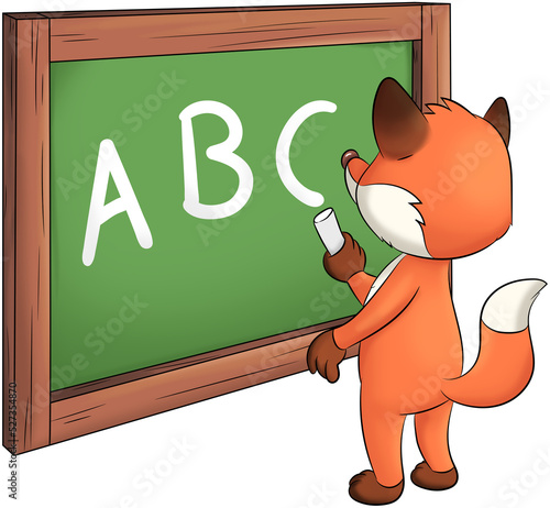 Niedlicher Fuchs der ABC auf eine Tafel schreibt