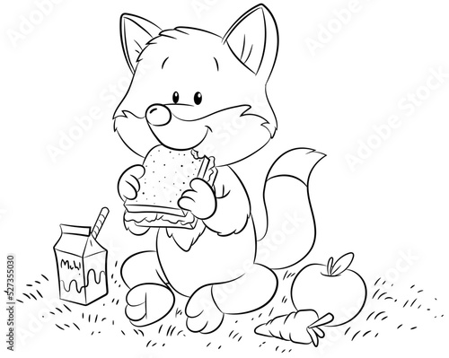 Niedlicher Fuchs sitzt auf einer Wiese und isst ein Butterbrot