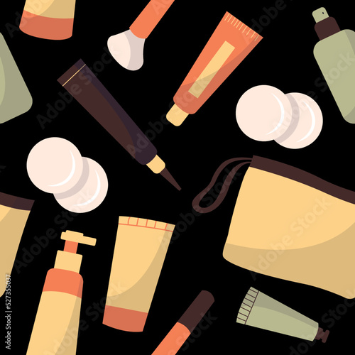 Seamless pattern of beauty cosmetic products for body, hair and skin care. Bundle of organic cosmetics and makeup items in bottles, tubes and bag. Colored flat vector illustration isolated on white