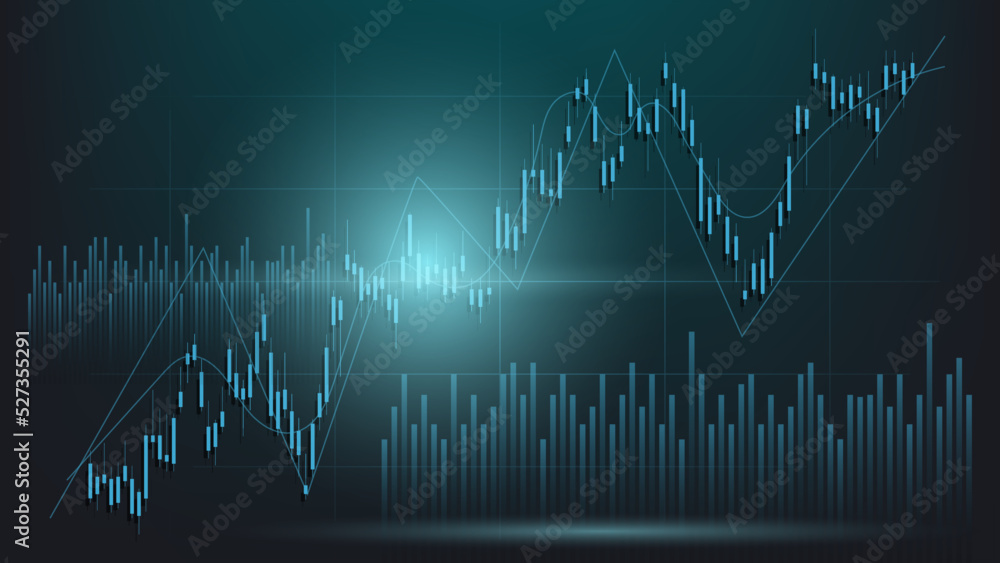 economy situation concept. Financial business statistics with bar graph and candlestick chart show stock market price and currency exchange on dark green background