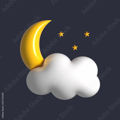 cloud, crescent moon and stars on blue background - 3d illustration render