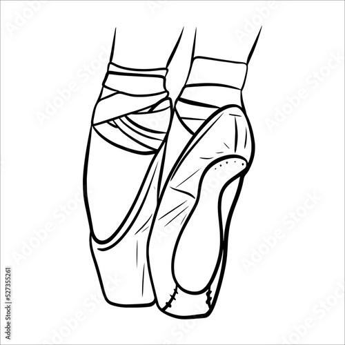 ballet pointe shoes. black and white outline. vector.