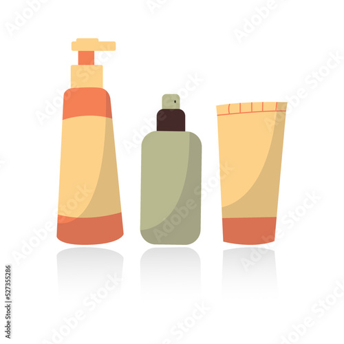 Set of different beauty cosmetic products for body, hair and skin care. Bundle of organic cosmetics and makeup items in bottles, tubes and bag. Colored flat vector illustration isolated on white